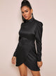 Solid Mock Neck Asymmetrical Hem Satin Dress