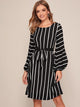 Striped Self Tie Bishop Sleeve Dress