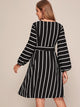 Striped Self Tie Bishop Sleeve Dress