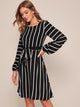 Striped Self Tie Bishop Sleeve Dress