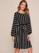 Striped Self Tie Bishop Sleeve Dress