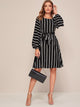 Striped Self Tie Bishop Sleeve Dress