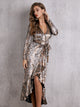 SBetro Ruffle Hem Belted Knot Snakeskin Velvet Wrap Dress
