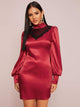 Lace Insert Puff Sleeve Satin Fitted Dress