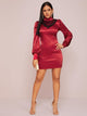 Lace Insert Puff Sleeve Satin Fitted Dress