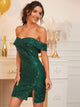 Zipper Back Split Hem Foldover Bardot Sequin Dress