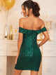 Zipper Back Split Hem Foldover Bardot Sequin Dress