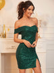 Zipper Back Split Hem Foldover Bardot Sequin Dress