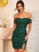 Zipper Back Split Hem Foldover Bardot Sequin Dress