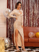 Cut Out Front Ruched Split Thigh Sequin Dress