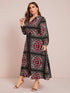 Plus Lapel Neck Tribal Print Shirt Dress