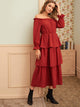 Solid Frill Trim Layered Hem Bardot Dress