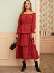 Solid Frill Trim Layered Hem Bardot Dress