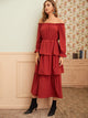 Solid Frill Trim Layered Hem Bardot Dress