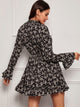 Floral Print Mock Neck Flounce Sleeve Dress