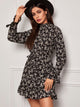 Floral Print Mock Neck Flounce Sleeve Dress
