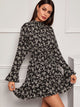 Floral Print Mock Neck Flounce Sleeve Dress