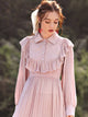 Swiss Dot Ruffle Trim Pleated Hem Shirt Dress