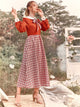 Contrast Panel Tie Neck Plaid A-line Dress