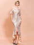 Missord Cold Shoulder Flounce Sleeve High Low Hem Sequin Prom Dress