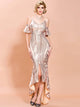 Missord Cold Shoulder Flounce Sleeve High Low Hem Sequin Prom Dress