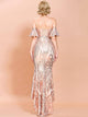 Missord Cold Shoulder Flounce Sleeve High Low Hem Sequin Prom Dress