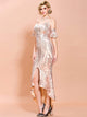 Missord Cold Shoulder Flounce Sleeve High Low Hem Sequin Prom Dress