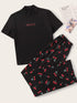Letter Graphic Tee With Allover Cherry Print Pants