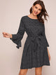 Dalmatian Print Flounce Sleeve Belted Dress