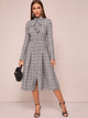 Tie Neck Plaid Button Up Shirt Dress