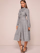 Tie Neck Plaid Button Up Shirt Dress