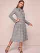 Tie Neck Plaid Button Up Shirt Dress