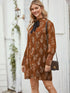 Plants Print Mock Neck Bow Front Chiffon Dress