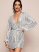Plunge Neck Sequins Belted Wrap Dress