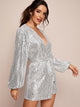 Plunge Neck Sequins Belted Wrap Dress