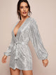 Plunge Neck Sequins Belted Wrap Dress