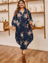 Plus Floral Print Curved Hem Belted Shirt Dress
