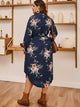 Plus Floral Print Curved Hem Belted Shirt Dress