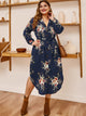 Plus Floral Print Curved Hem Belted Shirt Dress
