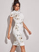 Mock-neck Floral Print Midi Pencil Dress