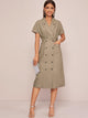 Solid Double Breasted Lapel Collar Shirt Dress