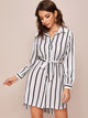Striped Belted High Low Hem Shirt Dress