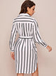 Striped Belted High Low Hem Shirt Dress