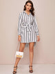 Striped Belted High Low Hem Shirt Dress