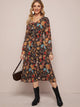Floral Print Ruffle Trim Chiffon Dress