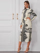 Floral And Geo Print Split Hem Belted Shirt Dress