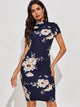 Mock-neck Floral Print Midi Pencil Dress