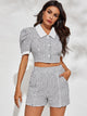 Plaid Button Front Puff Sleeve Tweed Top With Shorts