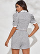 Plaid Button Front Puff Sleeve Tweed Top With Shorts