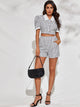Plaid Button Front Puff Sleeve Tweed Top With Shorts